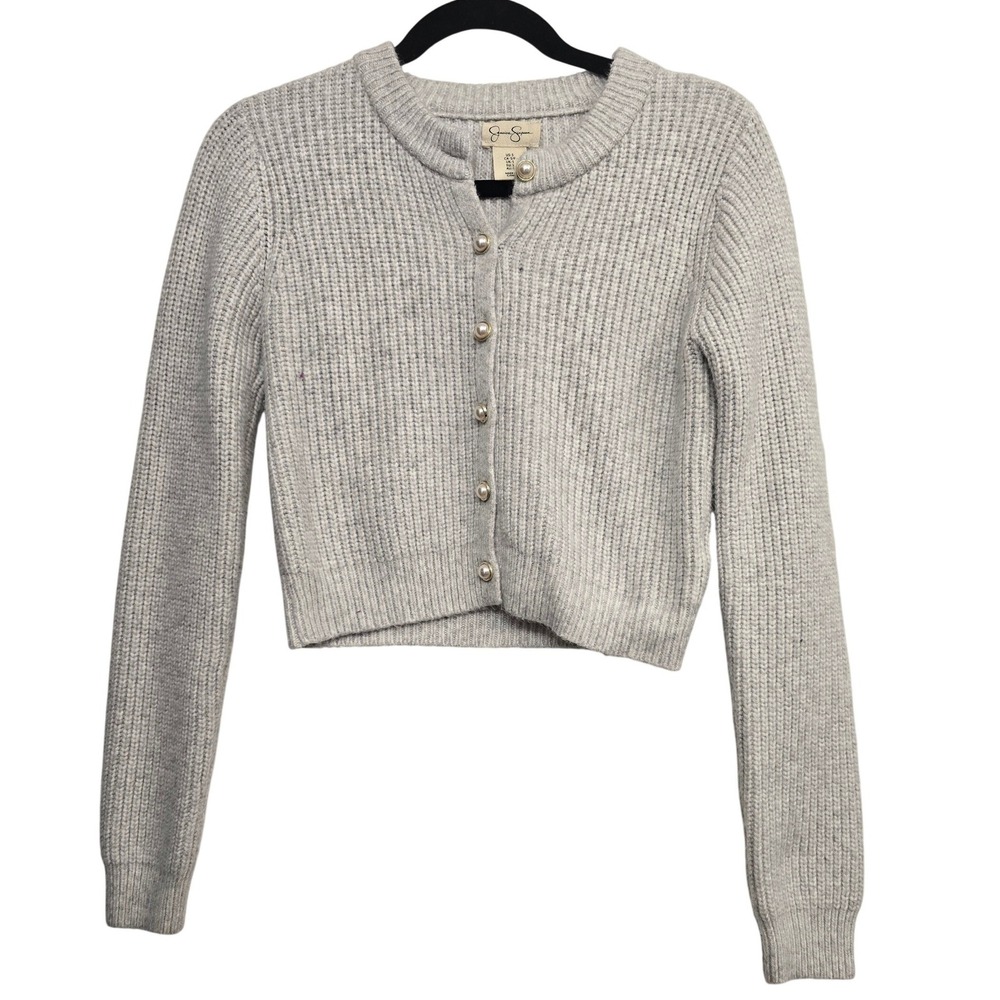Jessica Simpson Gray Chunky Knit Cardigan S Pearl Buttons Preppy Coquette Cozy